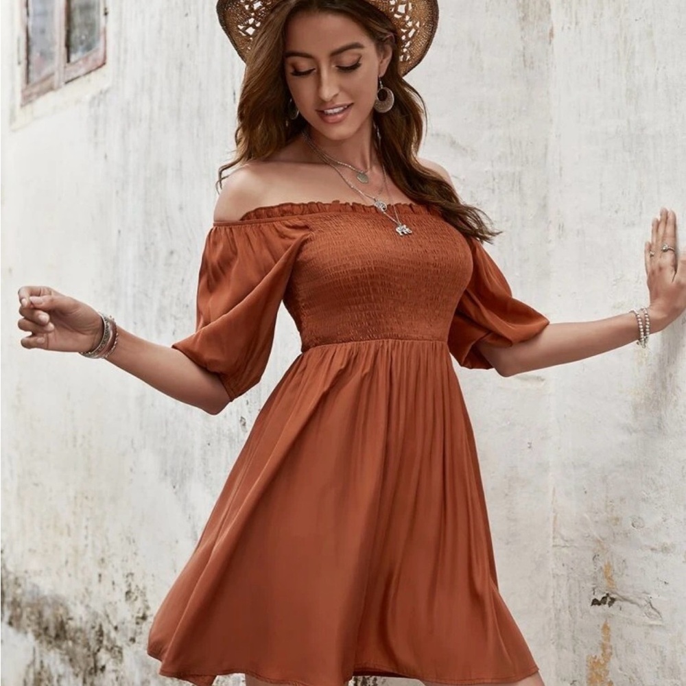 SHEIN Off-Shoulder Rust Mini Dress - Picture 1 of 3